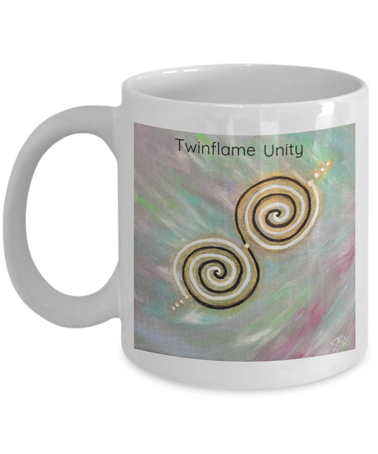 Twinflame unity mug, 11oz or 15oz, double spiral twinflame geometry, activated with light language, intention mug