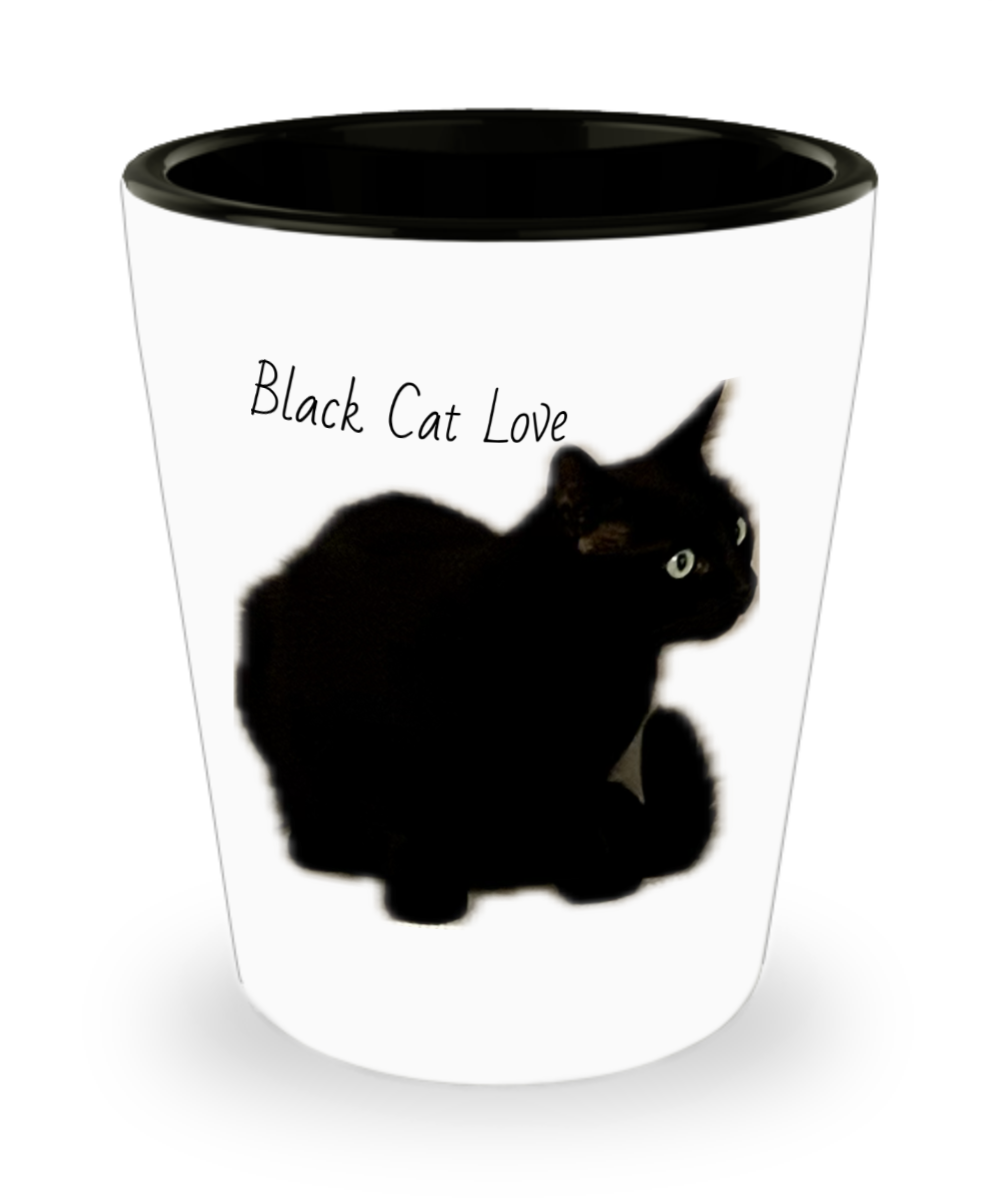 black cat love shot glass, gift for him, gift for her, white with black text and cat image