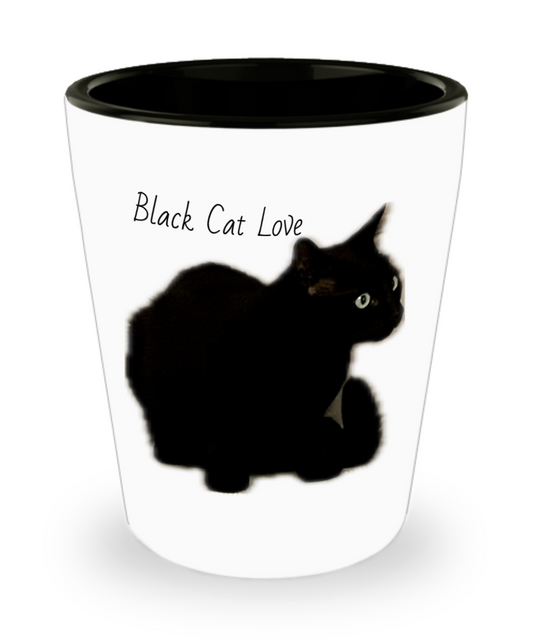 black cat love shot glass, gift for him, gift for her, white with black text and cat image