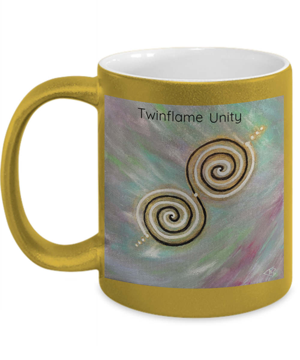 Twinflame unity intention mug, 11oz, metallic silver or gold coating, activated design, light codes