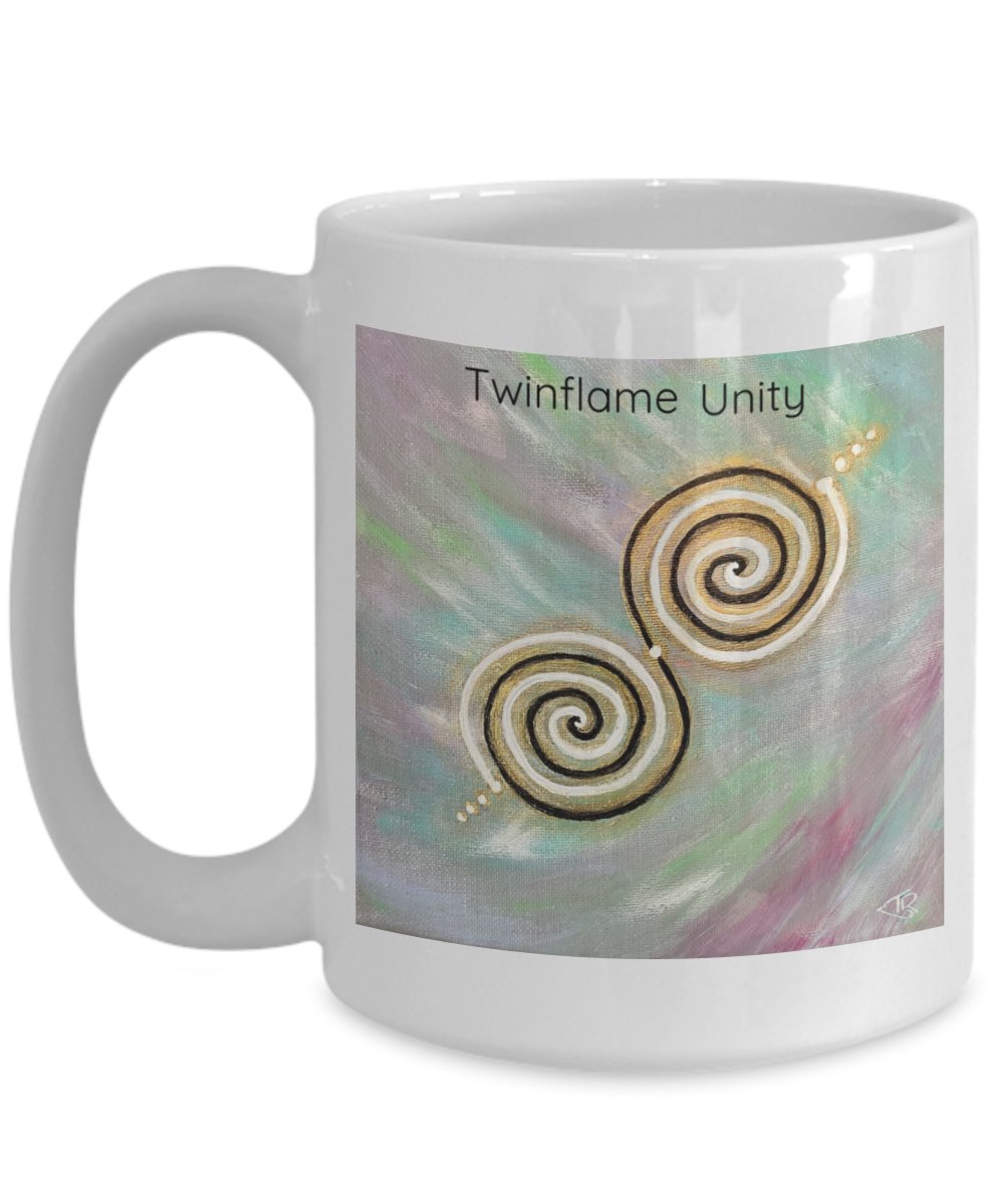 Twinflame unity mug, 11oz or 15oz, double spiral twinflame geometry, activated with light language, intention mug