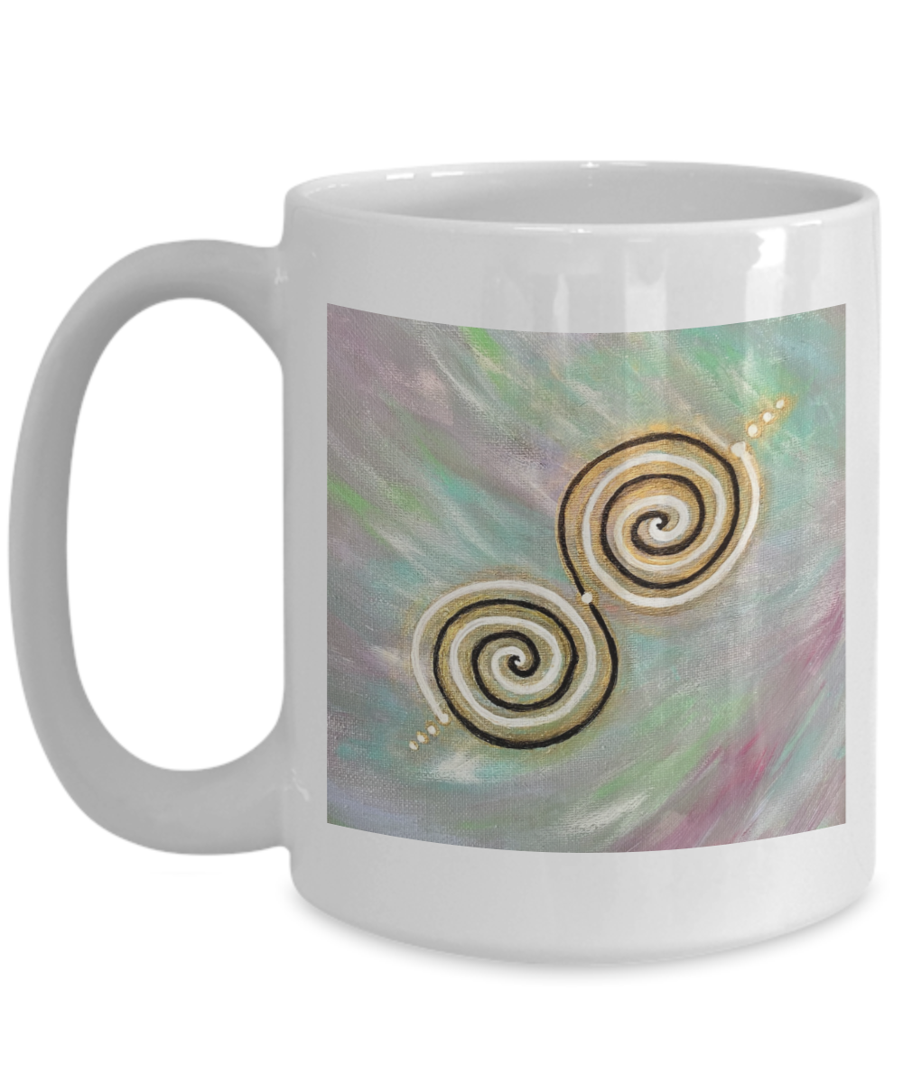 Energy Activated Twinflame Spiral Mug, 11oz, 15oz, alchemical art, gift for lover