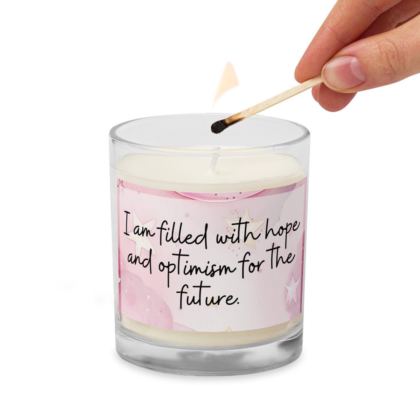 Glass jar soy wax candle, positivity candle, I am filled with hope and optimism for the future, soft pink, stars