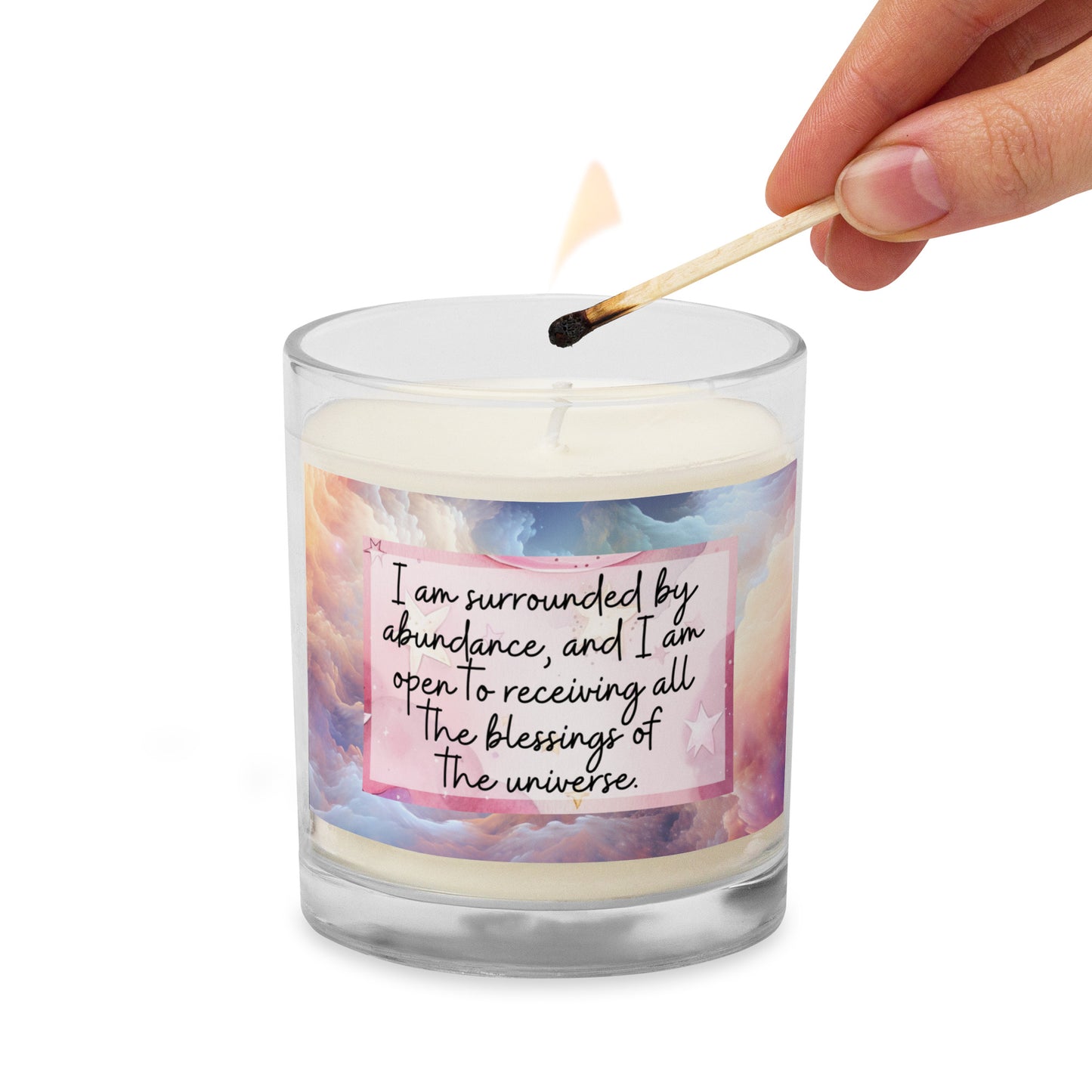 Positivity Affirmation Glass jar soy wax candle, pink moon and night sky design, I am confident,