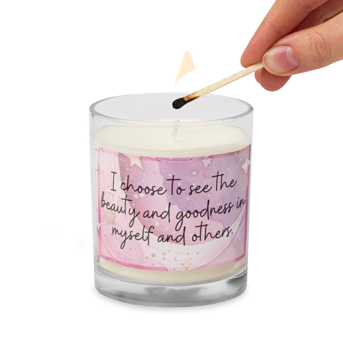 Positivity Affirmation Glass jar soy wax candle, I choose to see goodness and beauty in my self and others, pink night sky, stars, moon