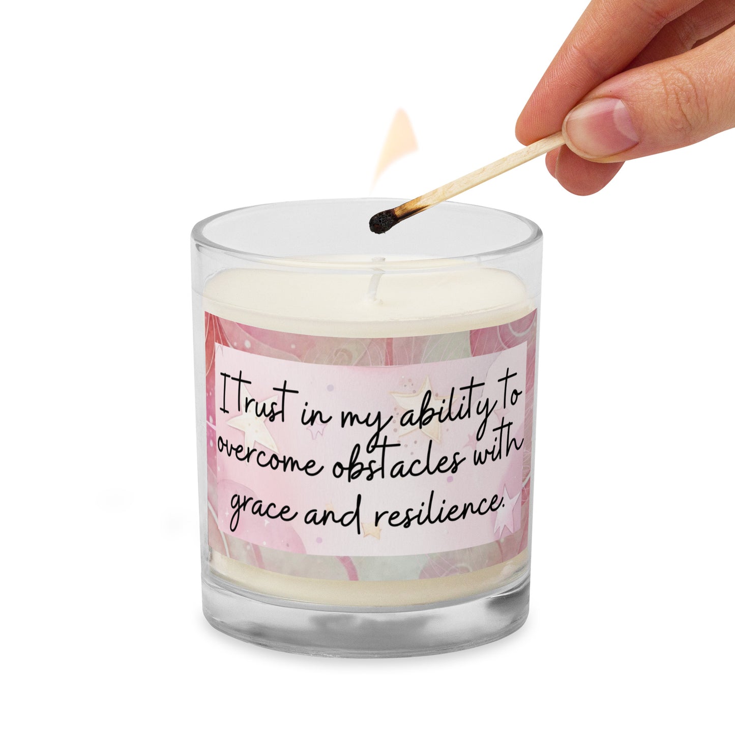 Positivity Affirmation Glass jar soy wax candle, I trust in my ability to overcome obstacles with grace and resilience, pink, moon, stars, night, sky