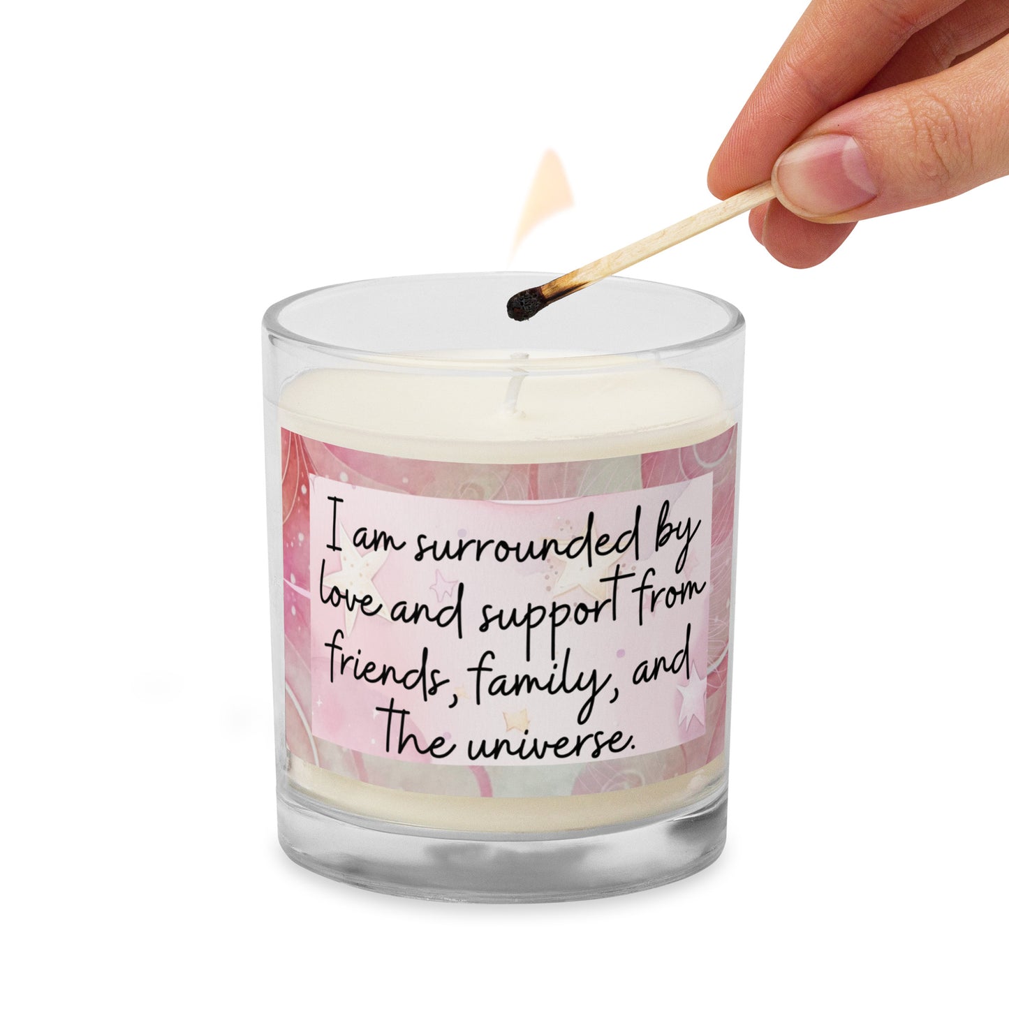 Positivity Affirmation Glass jar soy wax candle, I am surrounded by love and support from friends, family and the universe, pink, moon, stars, night, sky