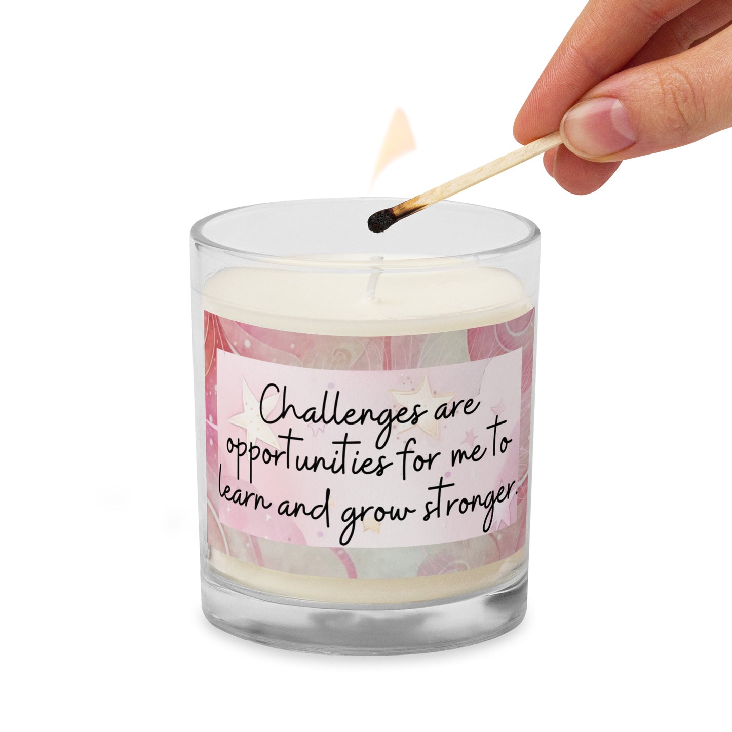 Positivity Affirmation Glass jar soy wax candle, Challenges are opportunities for me to learn and grow stronger, pink, moon, stars, night, sky