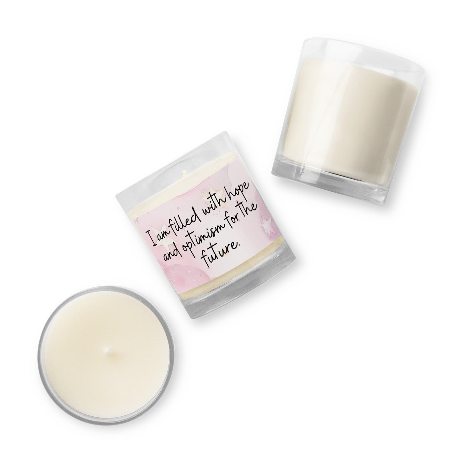 Glass jar soy wax candle, positivity candle, I am filled with hope and optimism for the future, soft pink, stars