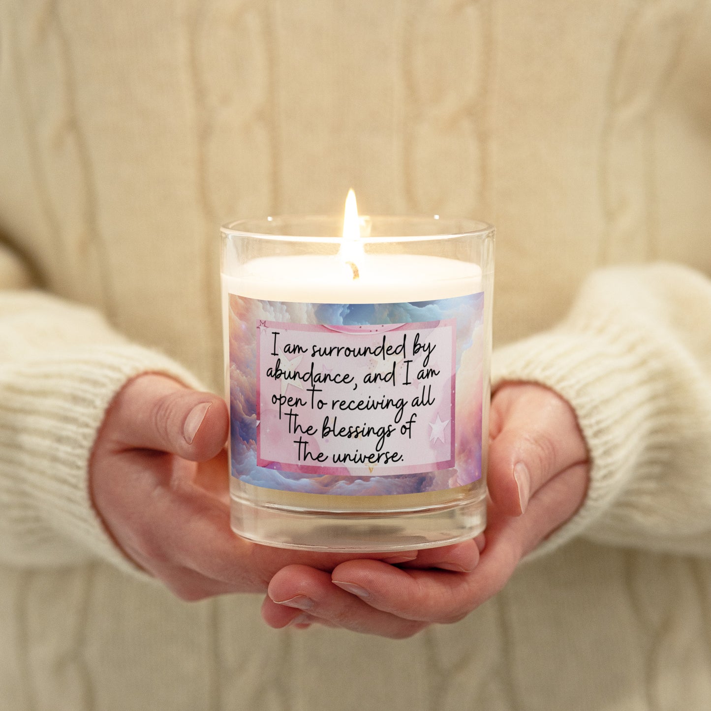 Positivity Affirmation Glass jar soy wax candle, pink moon and night sky design, I am confident,