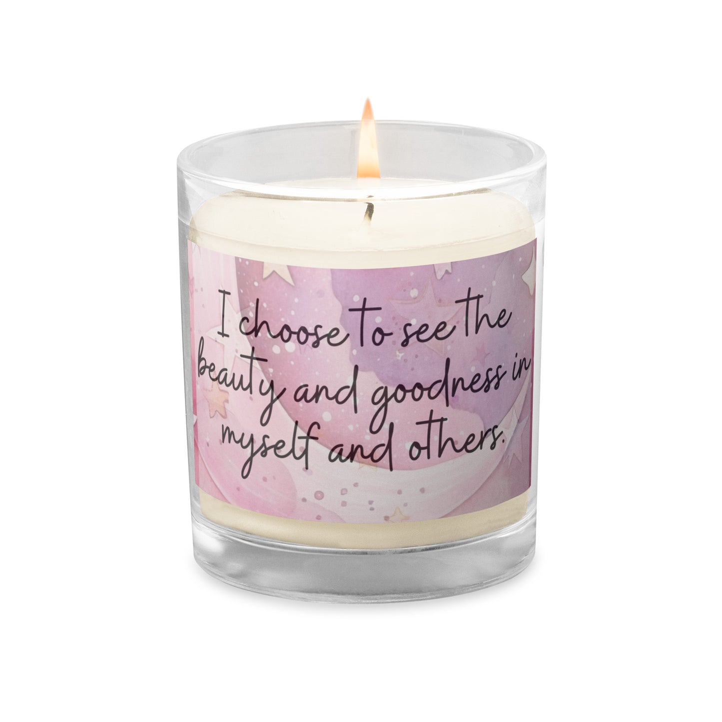 Positivity Affirmation Glass jar soy wax candle, I choose to see goodness and beauty in my self and others, pink night sky, stars, moon