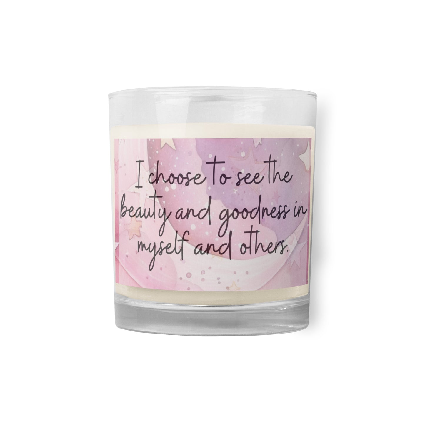 Positivity Affirmation Glass jar soy wax candle, I choose to see goodness and beauty in my self and others, pink night sky, stars, moon