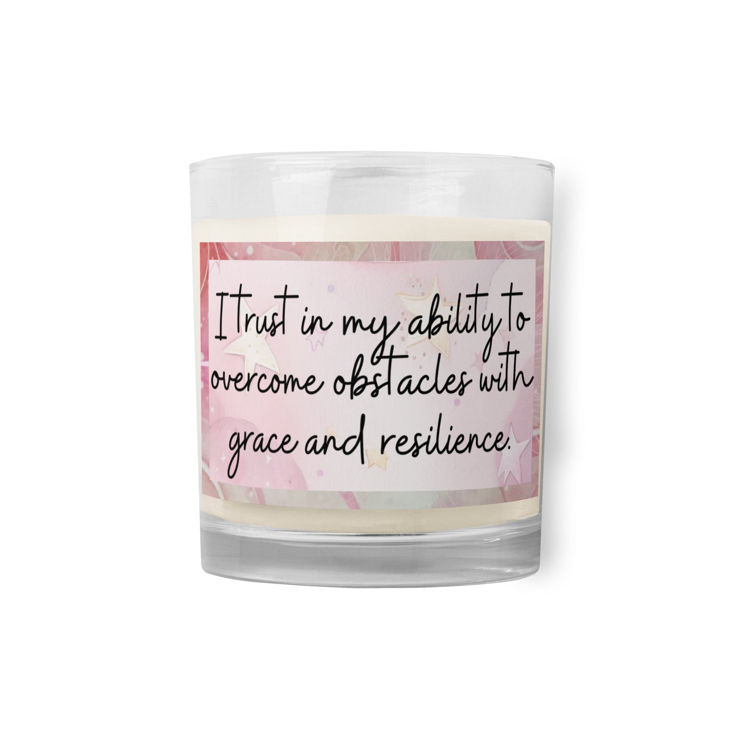 Positivity Affirmation Glass jar soy wax candle, I trust in my ability to overcome obstacles with grace and resilience, pink, moon, stars, night, sky