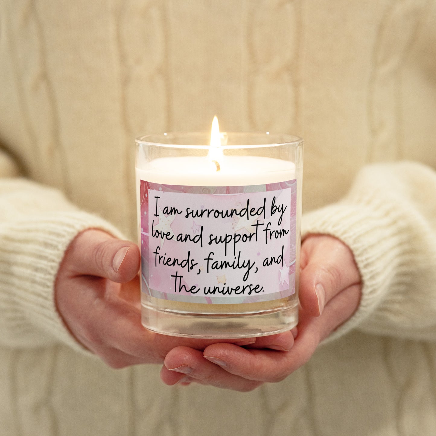 Positivity Affirmation Glass jar soy wax candle, I am surrounded by love and support from friends, family and the universe, pink, moon, stars, night, sky