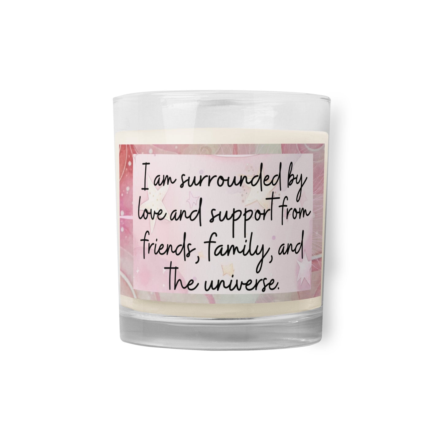 Positivity Affirmation Glass jar soy wax candle, I am surrounded by love and support from friends, family and the universe, pink, moon, stars, night, sky