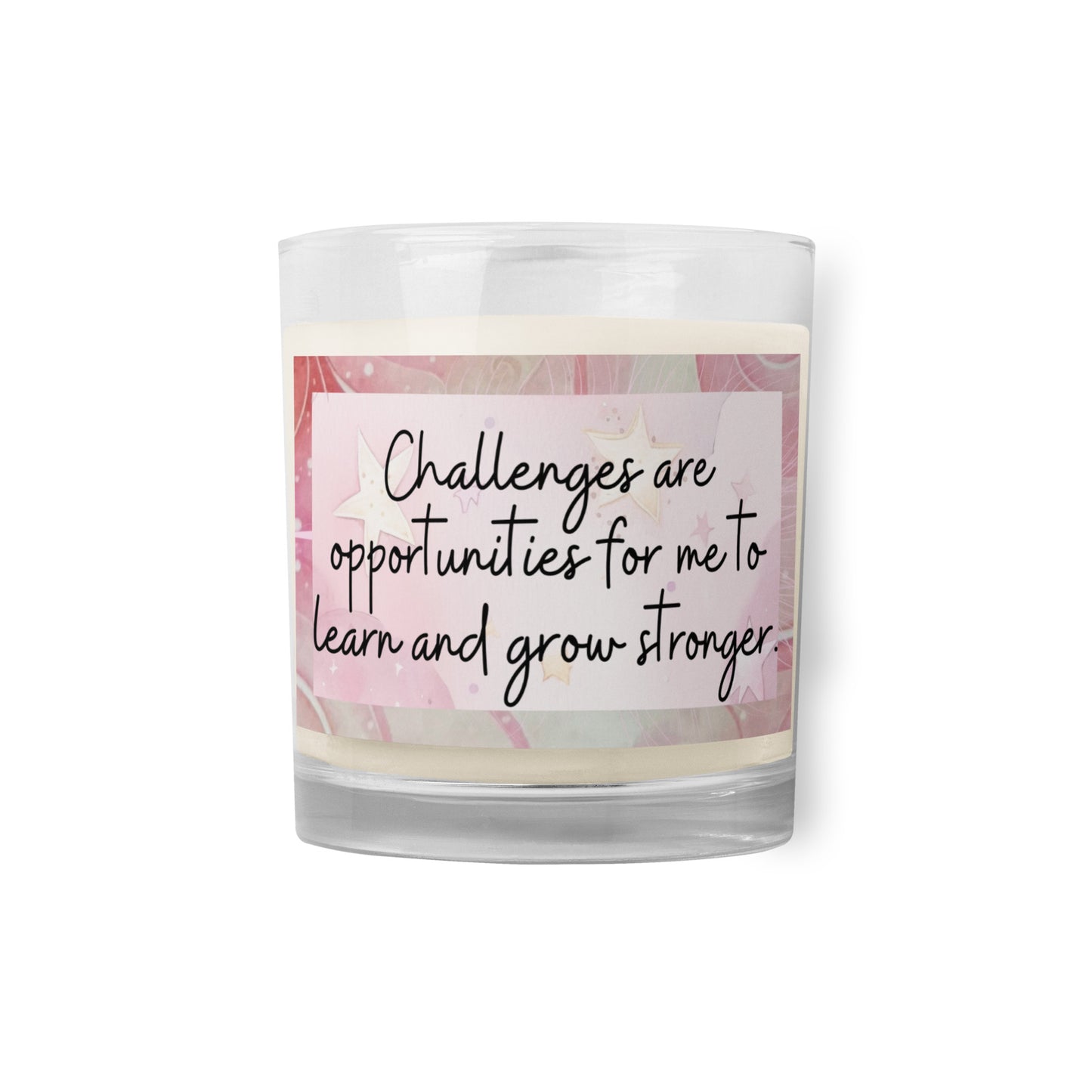 Positivity Affirmation Glass jar soy wax candle, Challenges are opportunities for me to learn and grow stronger, pink, moon, stars, night, sky