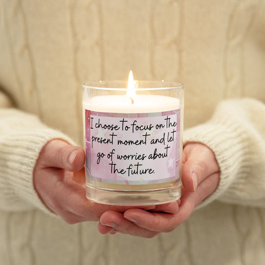 Positivity Affirmation Glass jar soy wax candle, I choose to focus on the present moment and let go of worries about the future, pink, moon, stars, night, sky