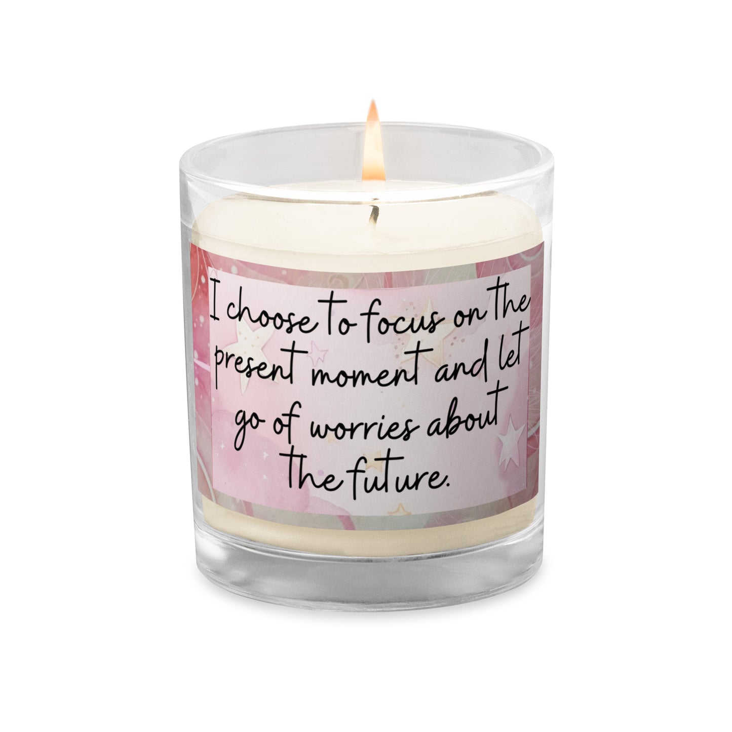 Positivity Affirmation Glass jar soy wax candle, I choose to focus on the present moment and let go of worries about the future, pink, moon, stars, night, sky