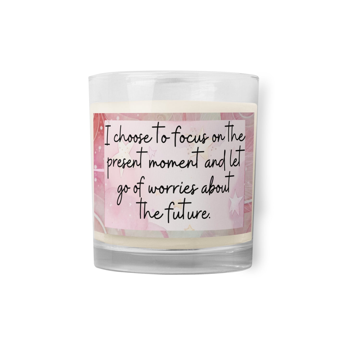 Positivity Affirmation Glass jar soy wax candle, I choose to focus on the present moment and let go of worries about the future, pink, moon, stars, night, sky