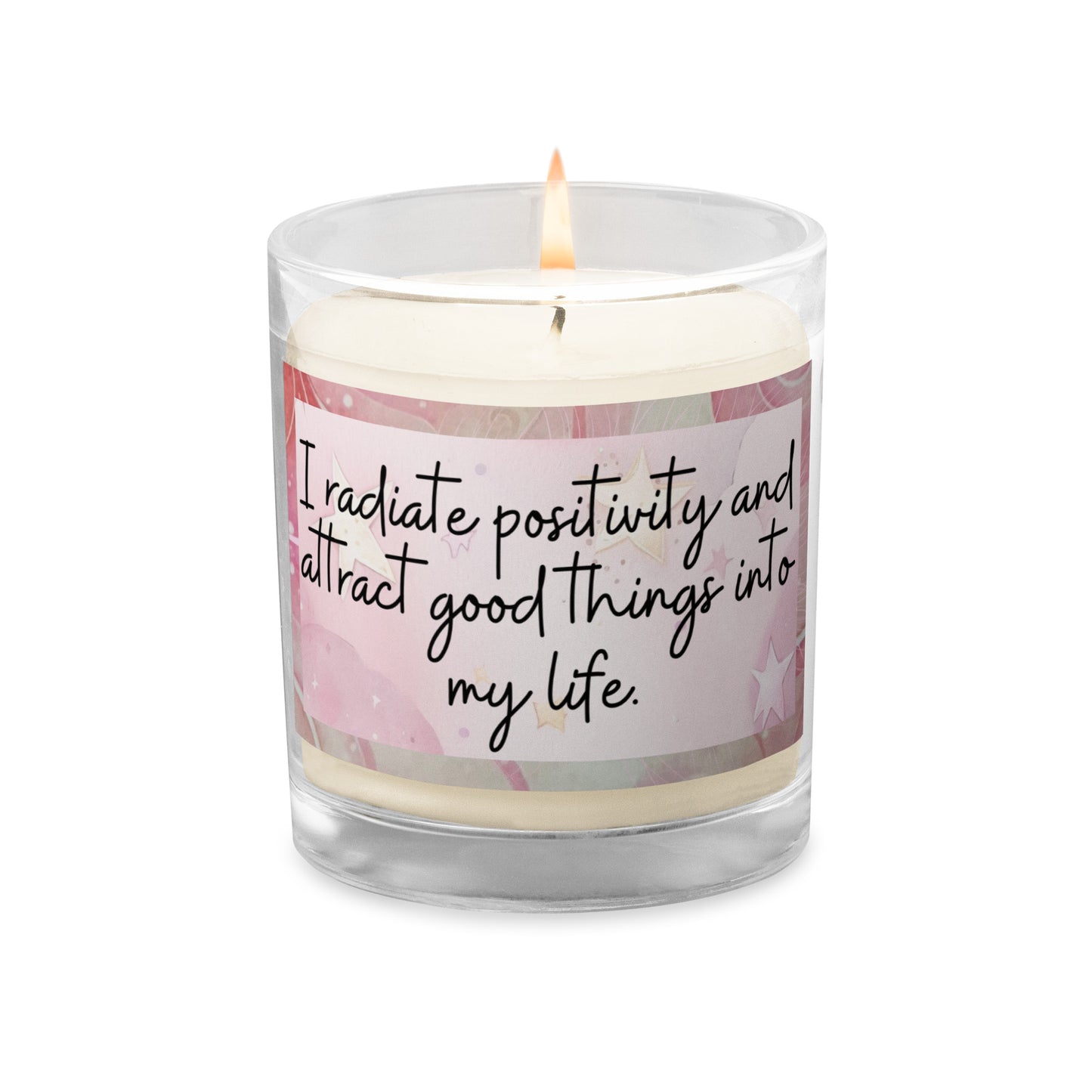 Positivity Affirmation Glass jar soy wax candle, I radiate positivity and attract good things into my life, pink, moon, stars, night, sky