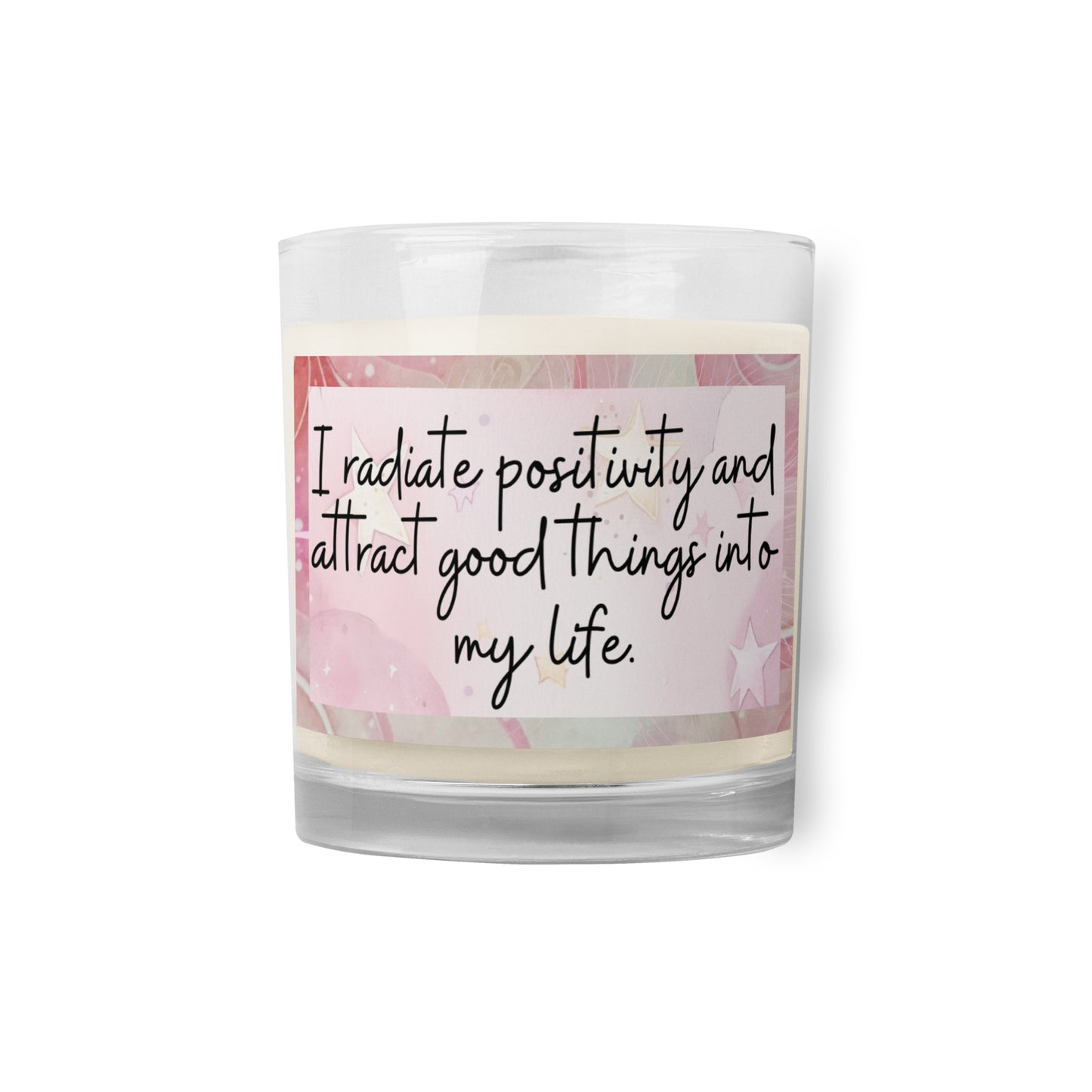 Positivity Affirmation Glass jar soy wax candle, I radiate positivity and attract good things into my life, pink, moon, stars, night, sky