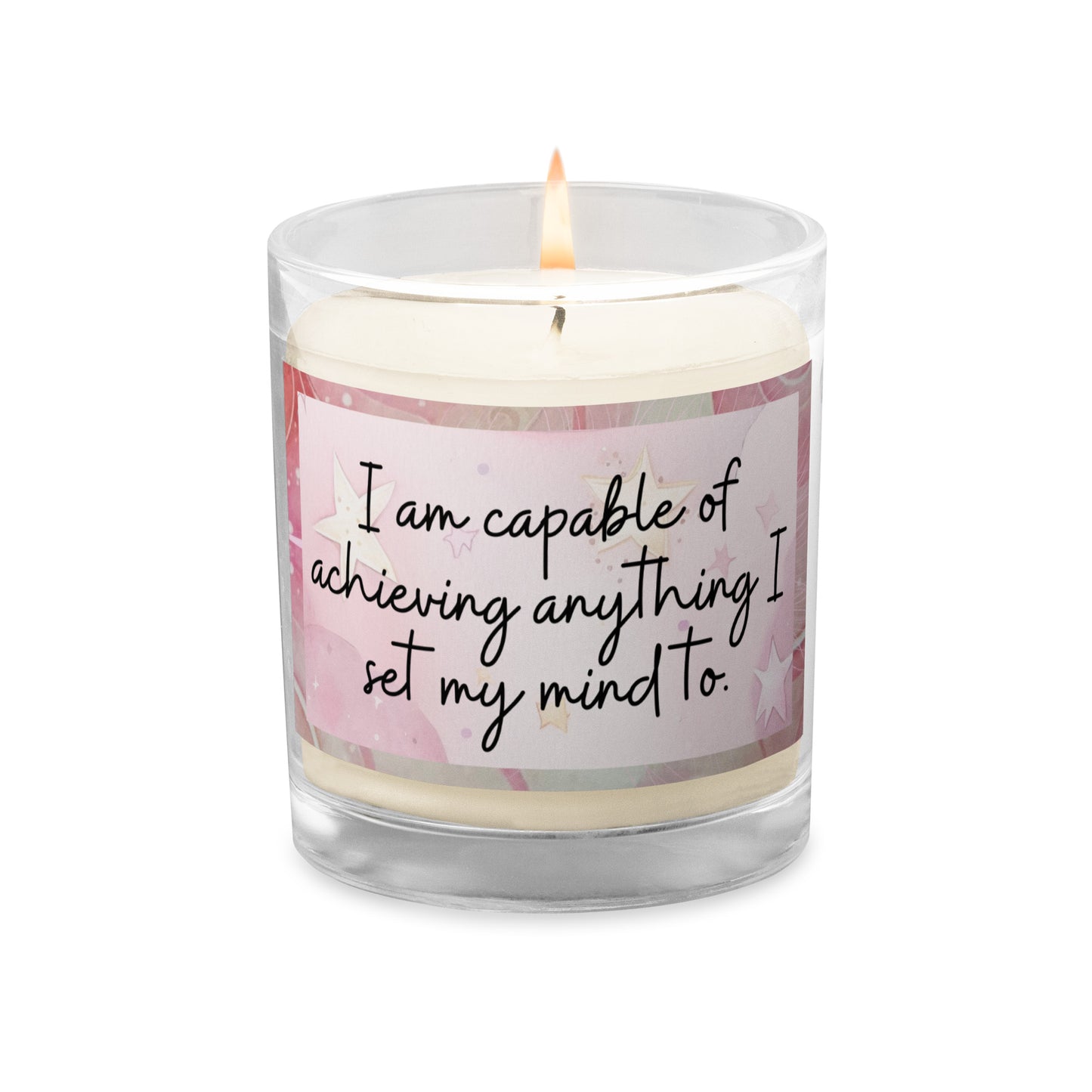 Positivity Affirmation Glass jar soy wax candle, I am capable of achieving anything I set my mind too, pink, moon, stars, night, sky