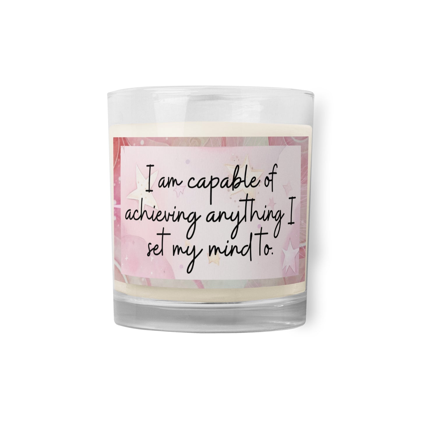 Positivity Affirmation Glass jar soy wax candle, I am capable of achieving anything I set my mind too, pink, moon, stars, night, sky