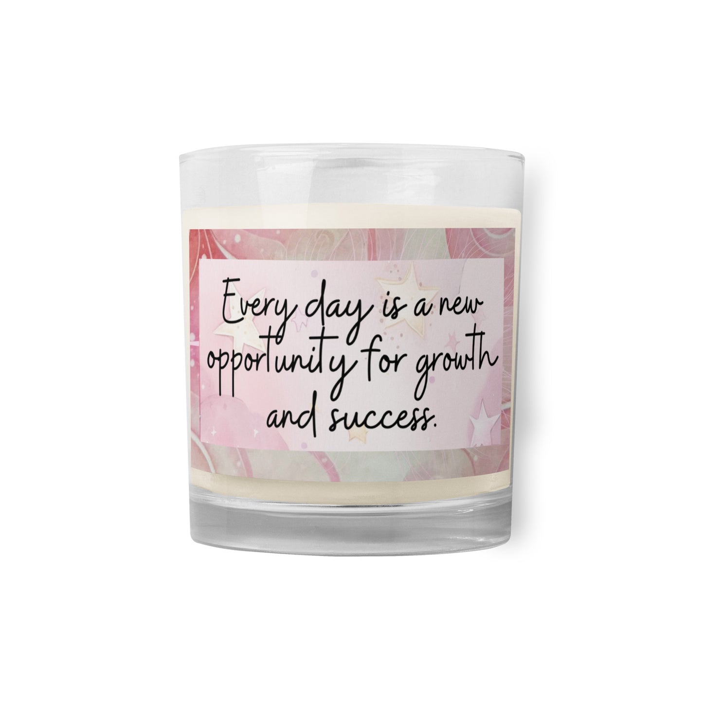 Positivity Affirmation Glass jar soy wax candle, Every day is a new opportunity for growth and success, pink, moon, stars, night, sky