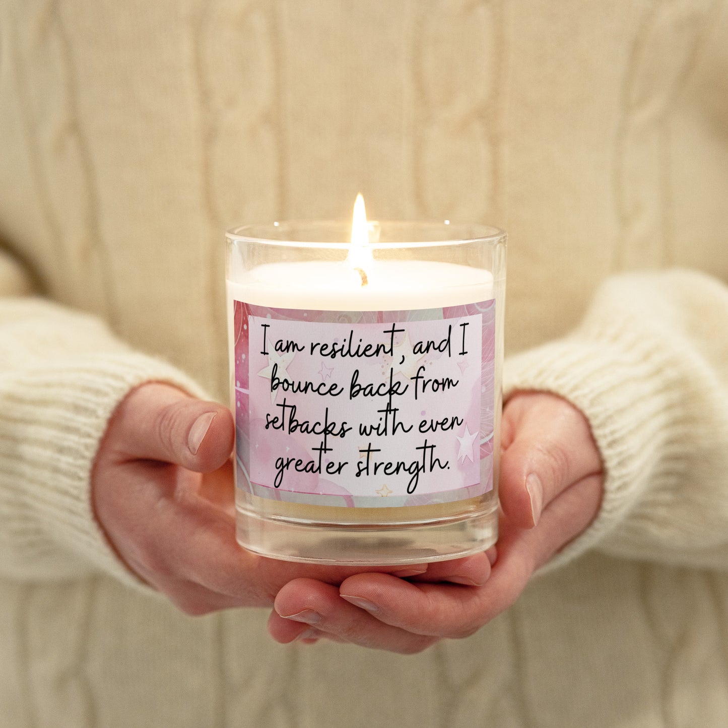 Positivity Affirmation Glass jar candle, I am resilient, and I bounce back from setbacks with even greater strength, pink, moon, stars, night, sky