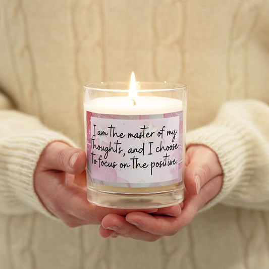 Positivity Affirmation Glass jar soy wax candle, I am the master of my thoughts, and I choose to focus on the positive, pink, moon, stars, night, sky