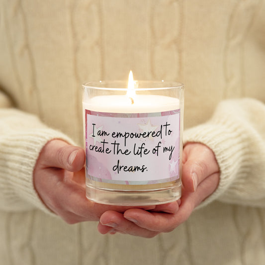 Positivity Affirmation Glass jar soy wax candle, I am empowered to create the life of my dreams, pink, moon, stars, night, sky