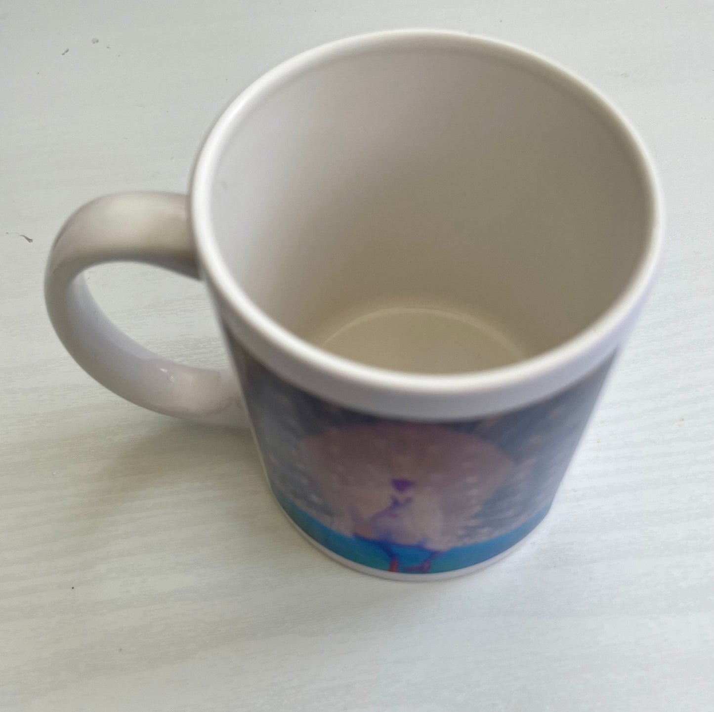 Energised healing mug white peacock