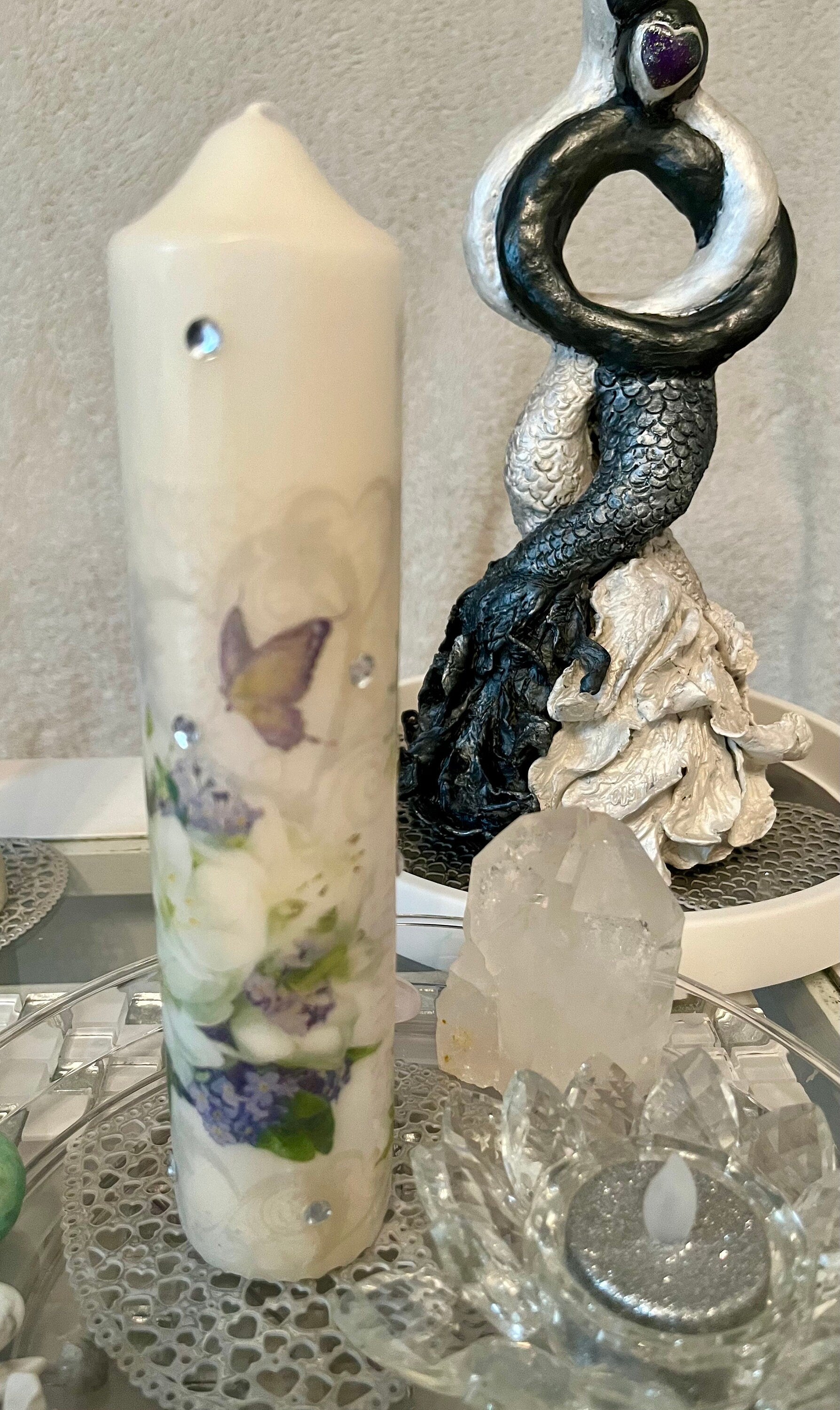 Tall Pillar candle floral with butterflies, whites and pastel colours, 75hour burning