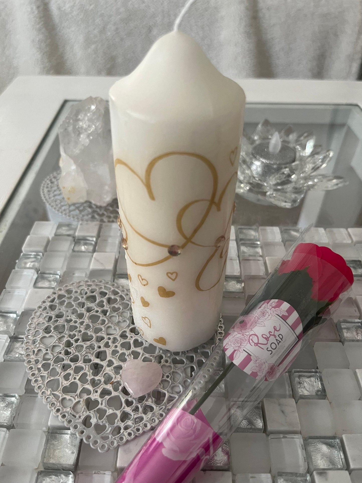 Valentines Day gift set, golden entwined hearts pillar candle, heart shaped rose quartz crystal, soap stem rose, with it without card