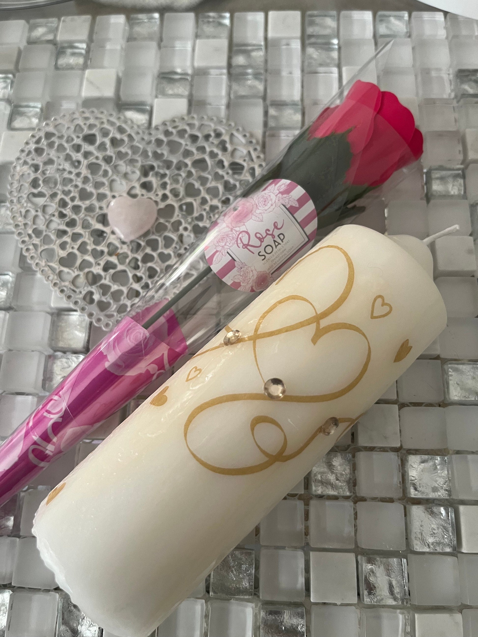 Valentines Day gift set, golden entwined hearts pillar candle, heart shaped rose quartz crystal, soap stem rose, with it without card