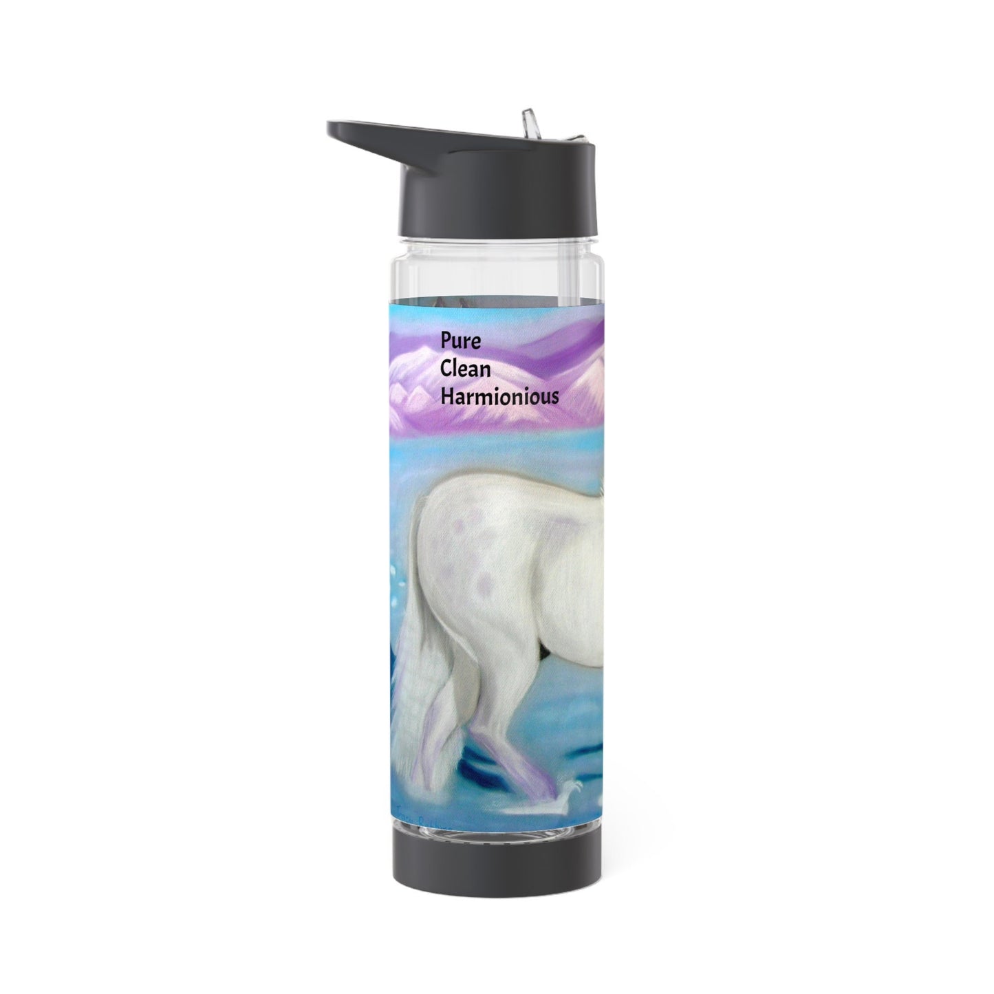 Energised Infuser Water Bottle, contains light codes to harmonise your environment with you physical and energetic bodies, white horse, snow