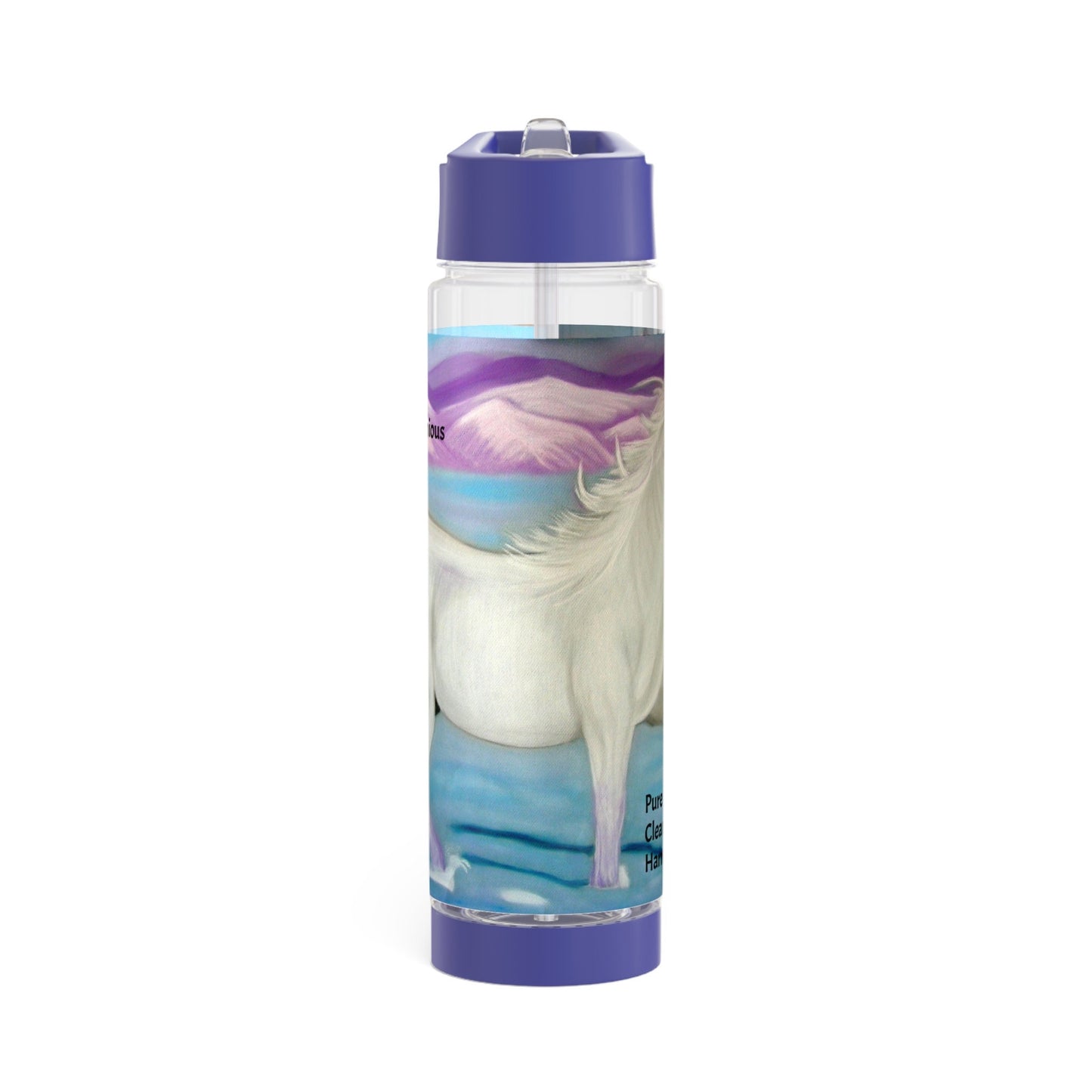 Energised Infuser Water Bottle, contains light codes to harmonise your environment with you physical and energetic bodies, white horse, snow