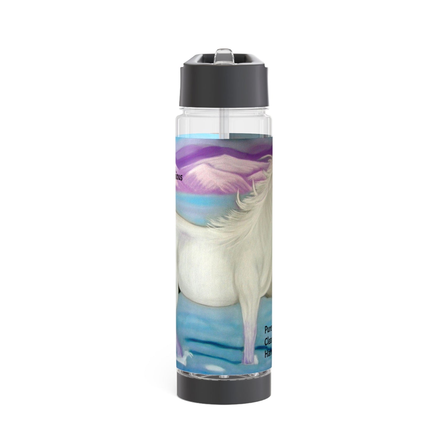 Energised Infuser Water Bottle, contains light codes to harmonise your environment with you physical and energetic bodies, white horse, snow