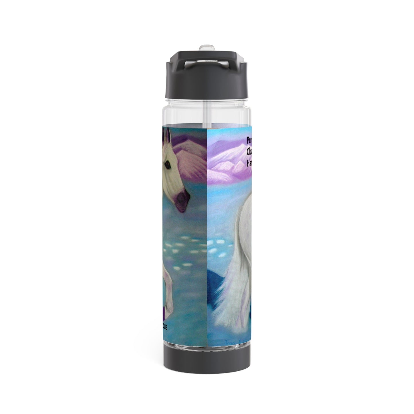 Energised Infuser Water Bottle, contains light codes to harmonise your environment with you physical and energetic bodies, white horse, snow