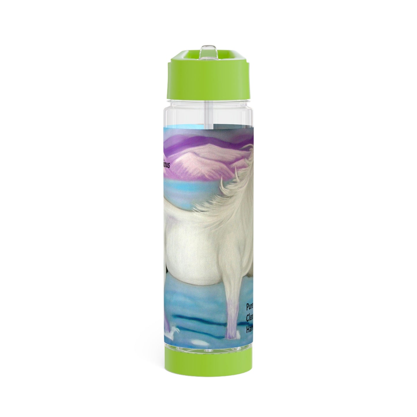 Energised Infuser Water Bottle, contains light codes to harmonise your environment with you physical and energetic bodies, white horse, snow