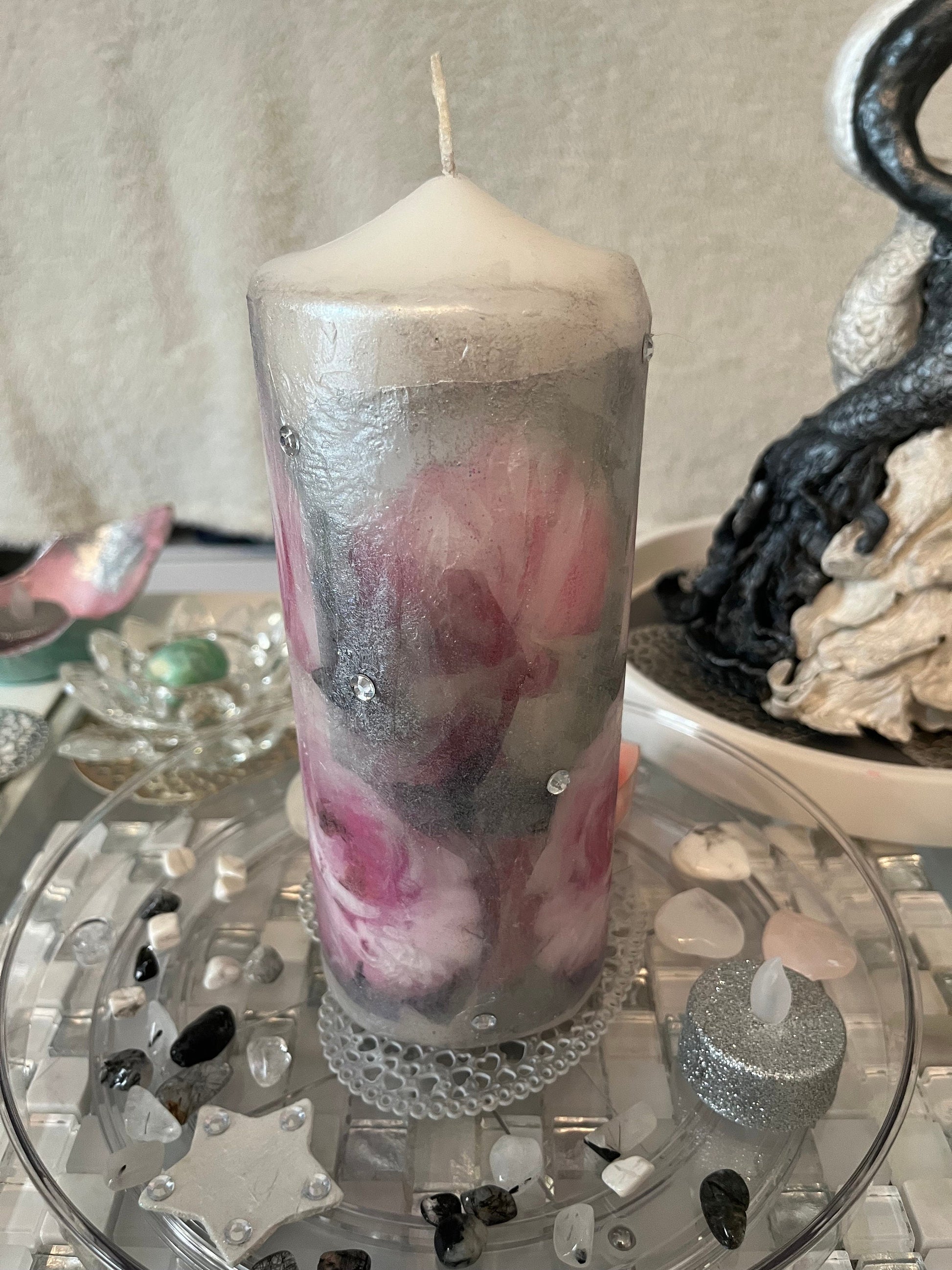 Large Pillar candle, pink,silver and soft grey floral rose design with some sparkles 120hours burning