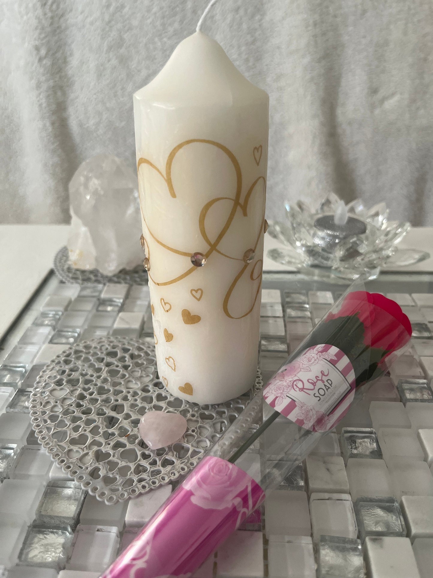 Valentines Day gift set, golden entwined hearts pillar candle, heart shaped rose quartz crystal, soap stem rose, with it without card