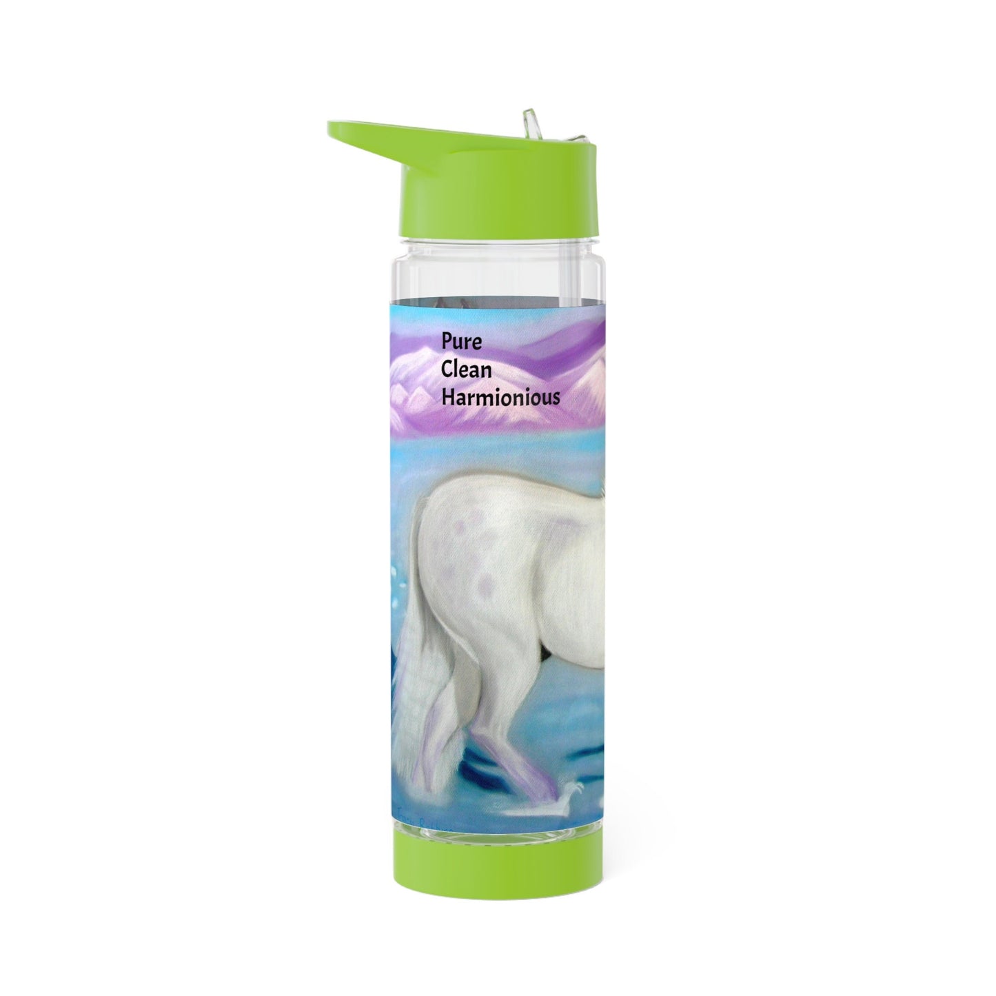 Energised Infuser Water Bottle, contains light codes to harmonise your environment with you physical and energetic bodies, white horse, snow