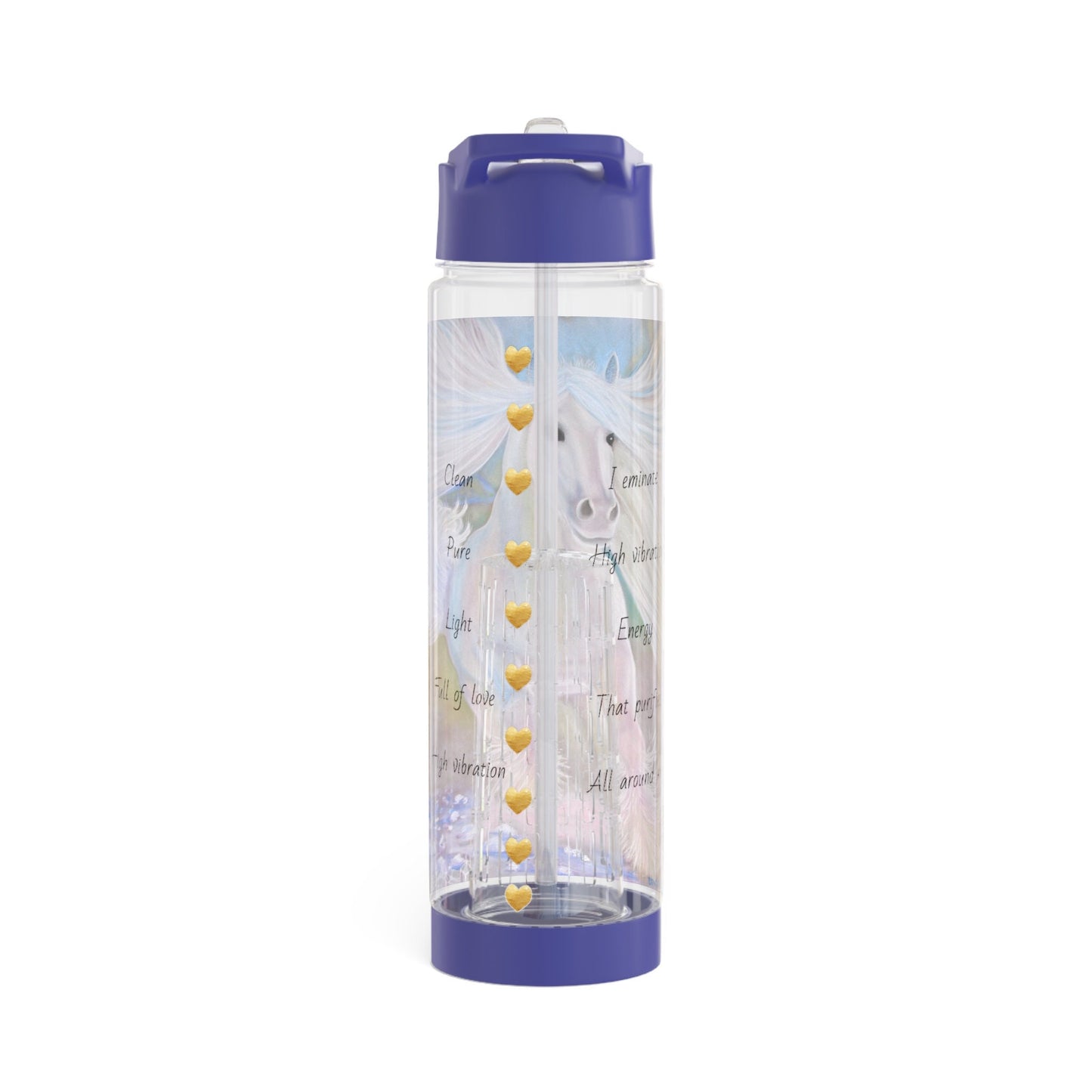 Infuser Water Bottle, energised with healing energy via light codes, energetically purifies water, white crystaline horse, quartz crystal