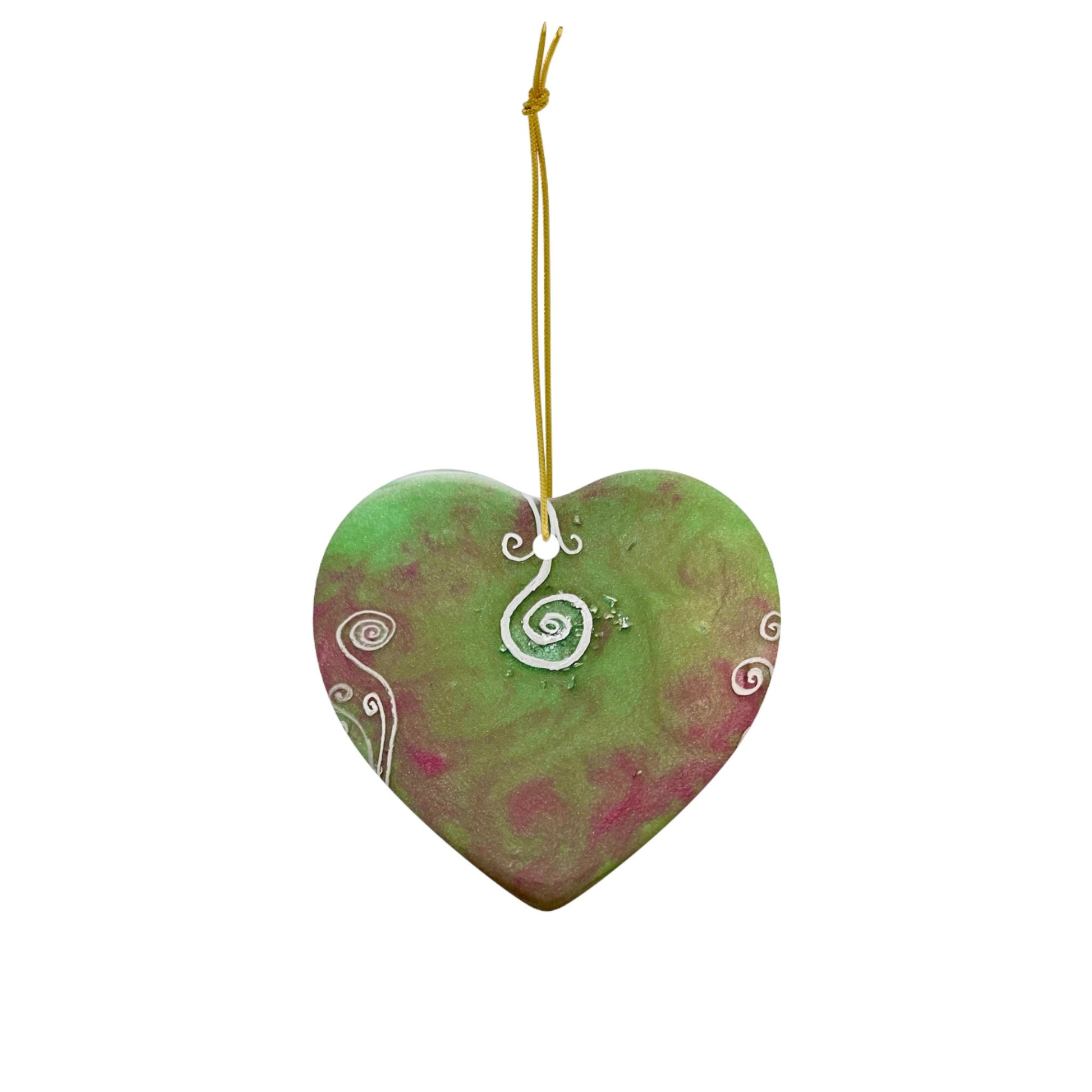 Ceramic Ornament, coaster for energising drinks, contains light codes to release and detox, heart shaped with spirals, pink and green