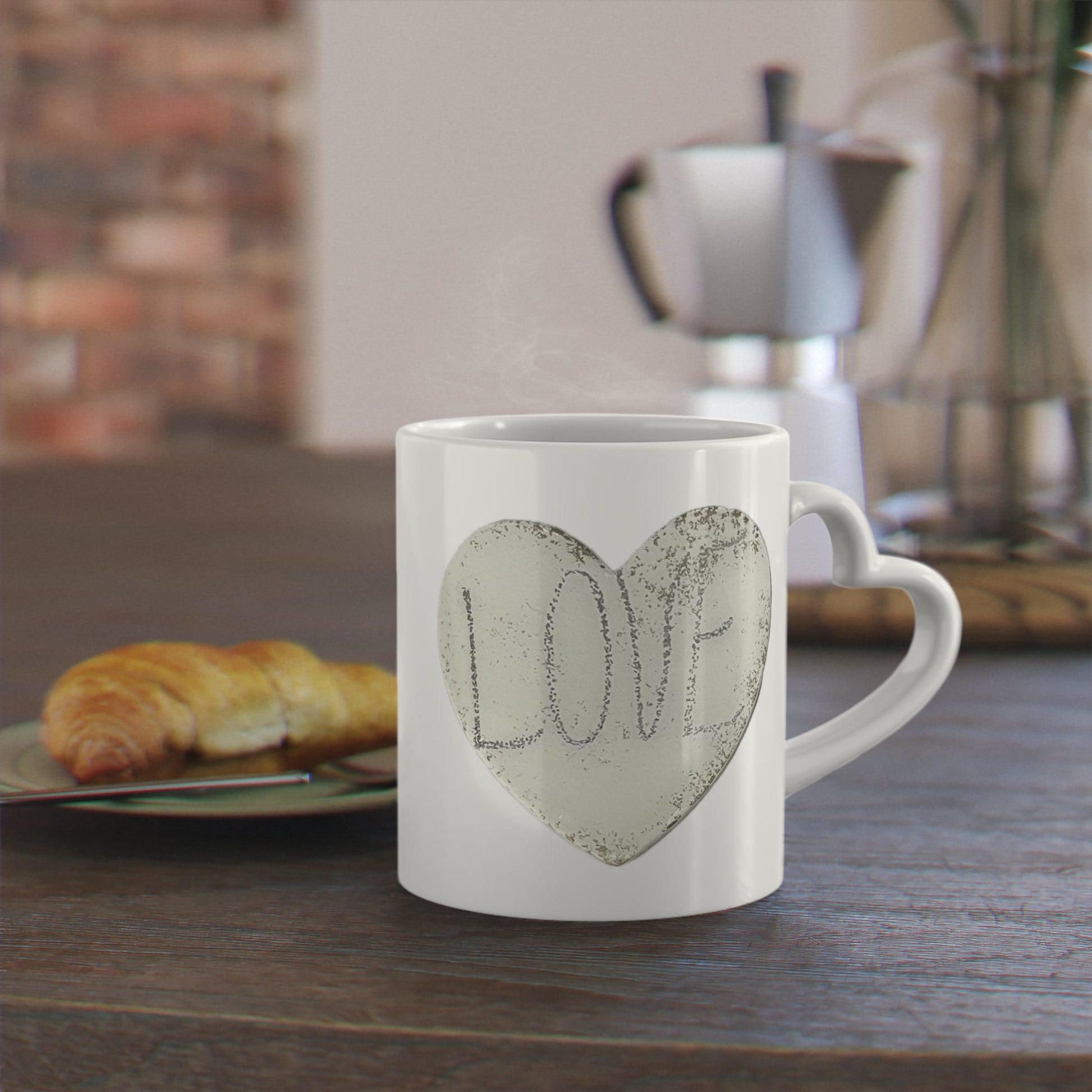 Heart-Shaped Mug with stone look heart shape and the word love, silver, cream and white goes with any mood, gift for all, love infused