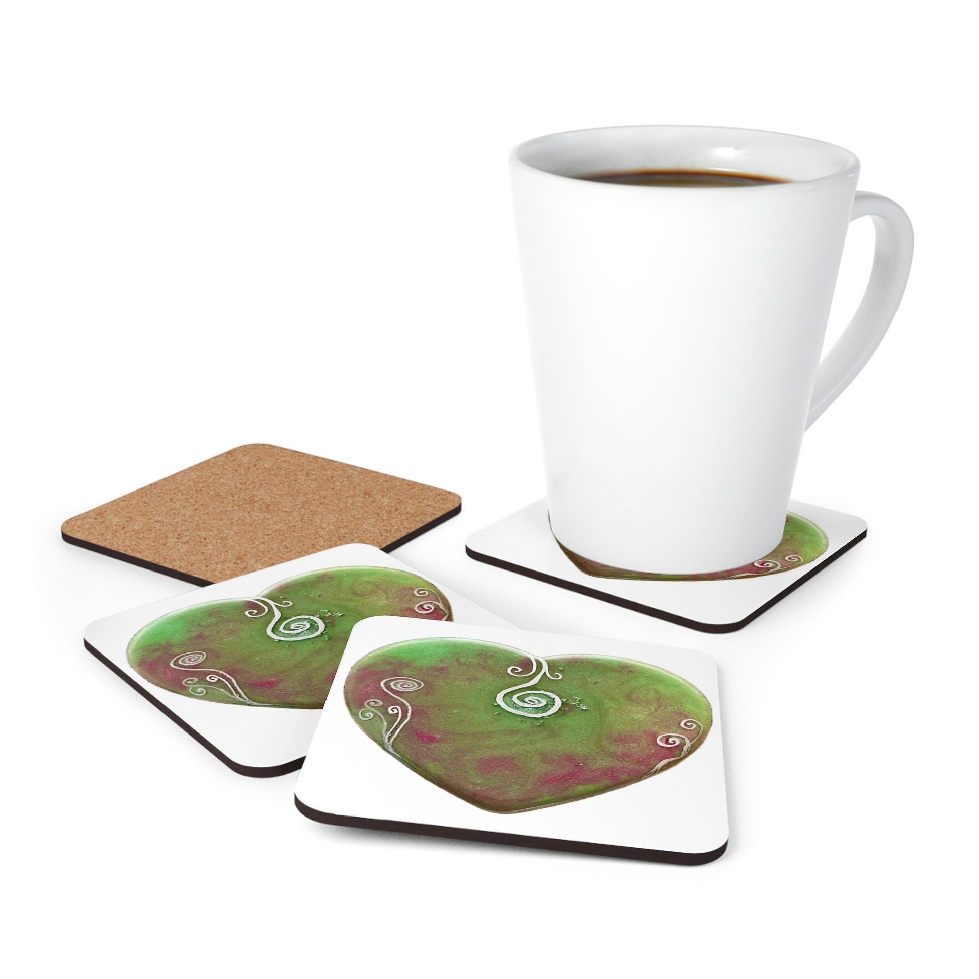 Corkwood Coaster Set, contains light codes to detoxify and clear the contents of your cup, energised, charged, heart shaped, spiral design