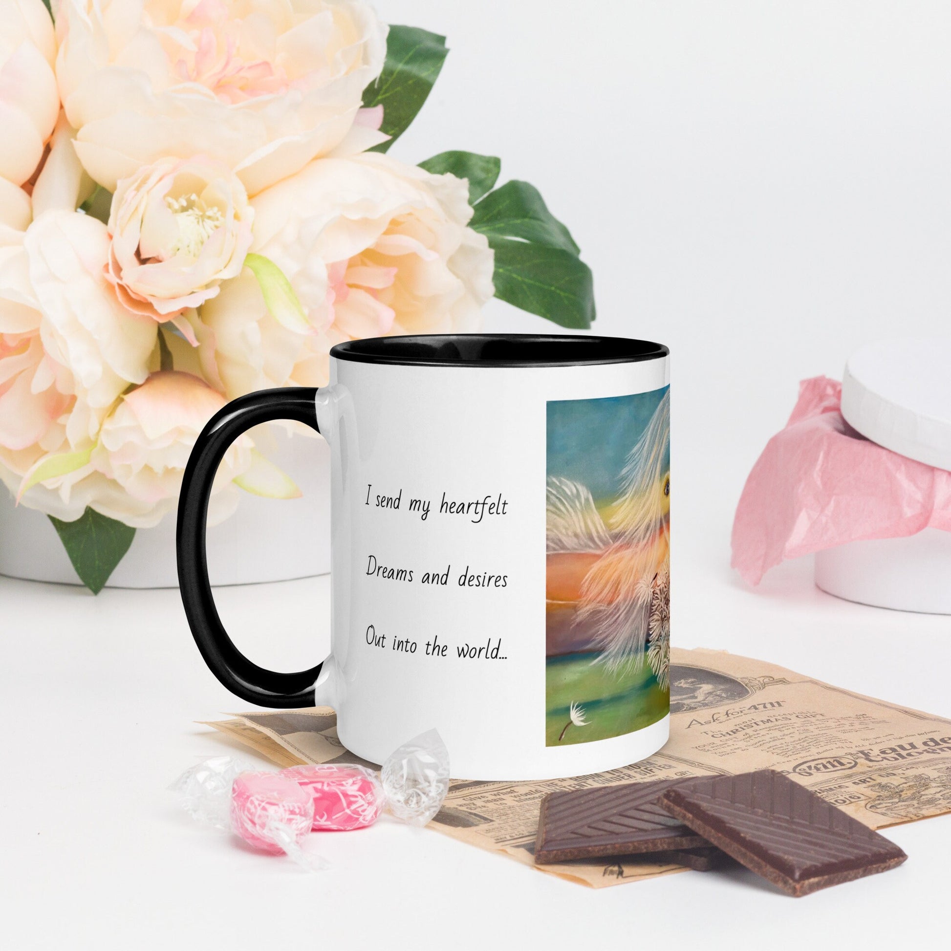 Activated affirmation mug, wishes come true, manifestation, gift for him or her, planting heart seeds, dandelion pod