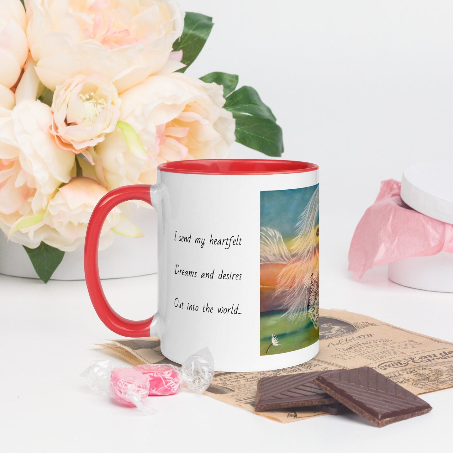 Activated affirmation mug, wishes come true, manifestation, gift for him or her, planting heart seeds, dandelion pod