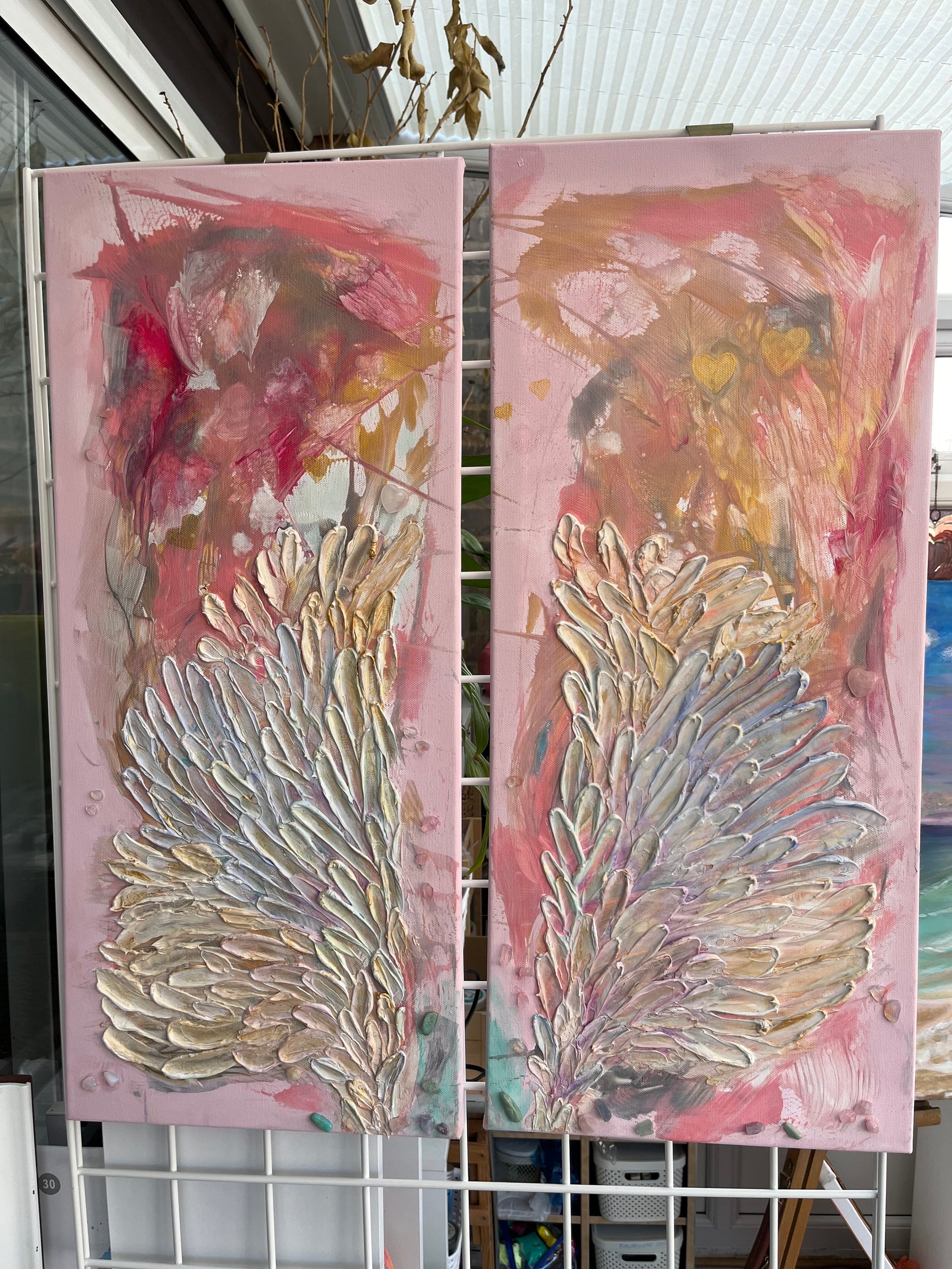 Light activated acrylic 3D painting, angel wings on canvas with crystals and feathers ( original painting) set of 2